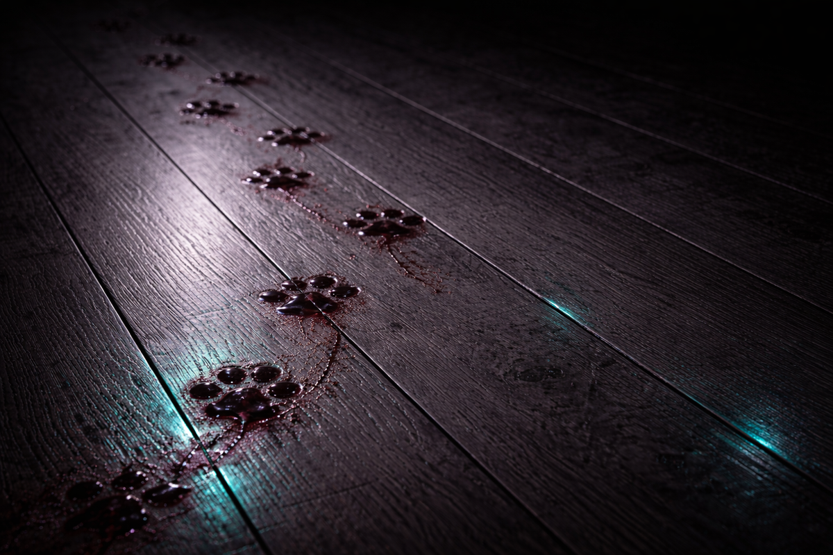 Wet cat paw prints trail across dark wooden floorboards under cold teal light